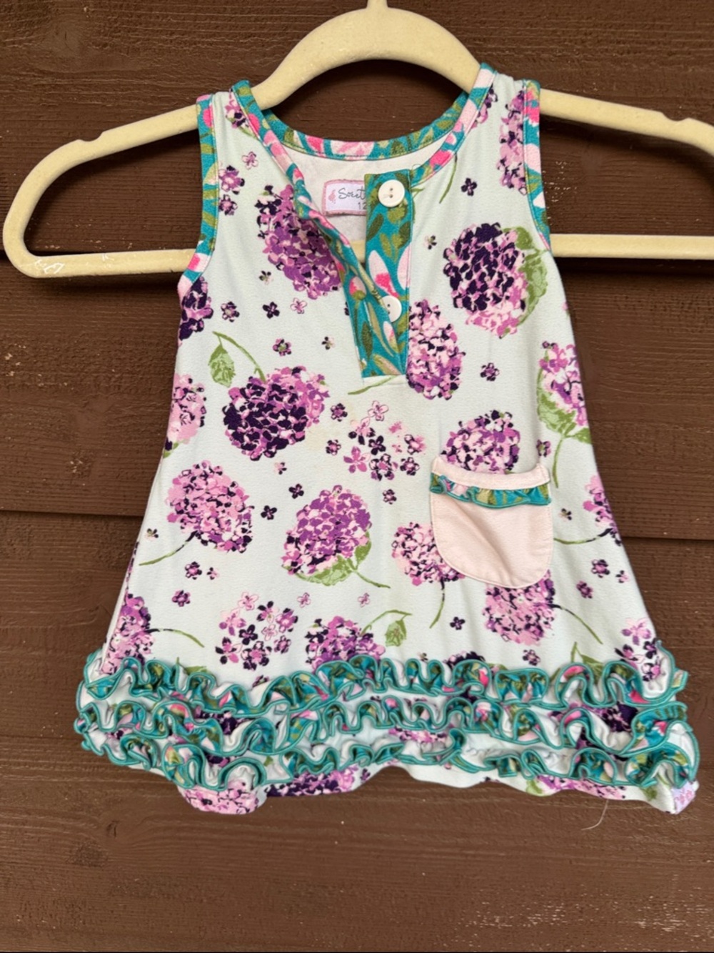 SweetHoney White Dress with Pink and Purple Floral Print and Teal Trim